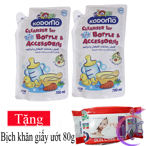 Combo 2 bịch Nước rửa bình sữa Kodomo gói 700ml Thái Lan Tặng 1 bịch khăn giấy ướt 80 tờ