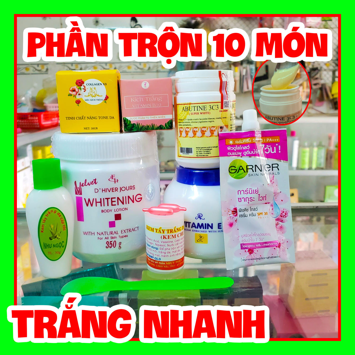 Bộ Kem Trộn 10 món Siêu Trắng nhanh siêu thấm Velvet+ 3c3 Abutine + kích X3 chất vàng siêu kích