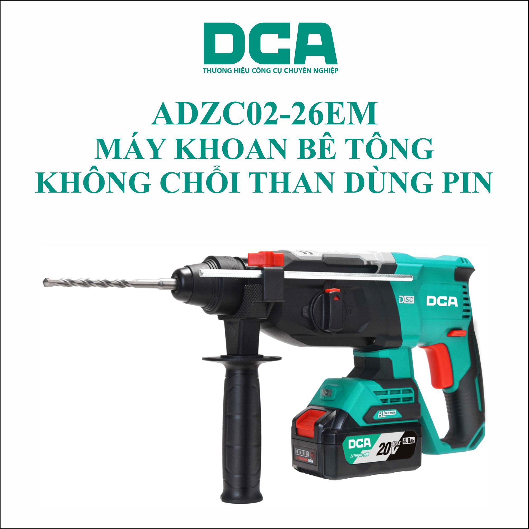 Máy khoan bê tông dùng pin 20v dca / không chổi than / adzc02-26em