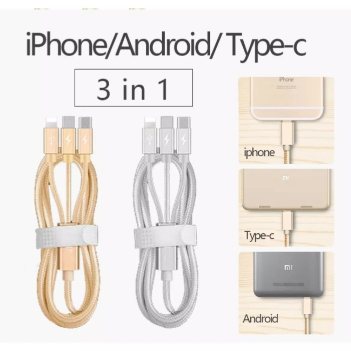 [HCM]Dây Cáp Dù 3 Đầu Sạc Đa Năng Lightning - Micro USB - Type C