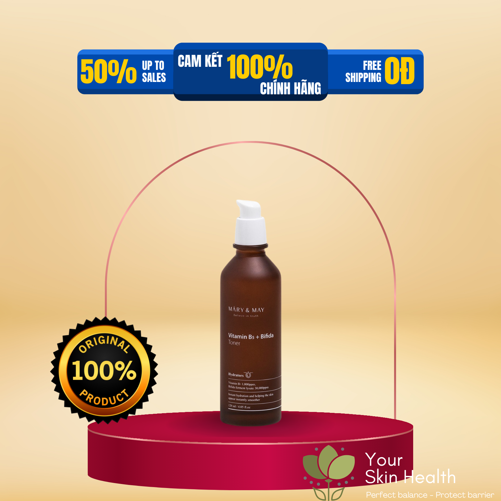 Nước cân bằng cấp ẩm phục hồi và sáng da Mary&May Vitamine B5 + Bifida Toner 120ml