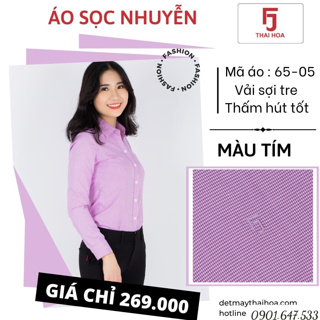 Áo sơ mi nữ Thái Hòa caro nhỏ màu tím vải mịn nhẹ không nhăn 65-05-01