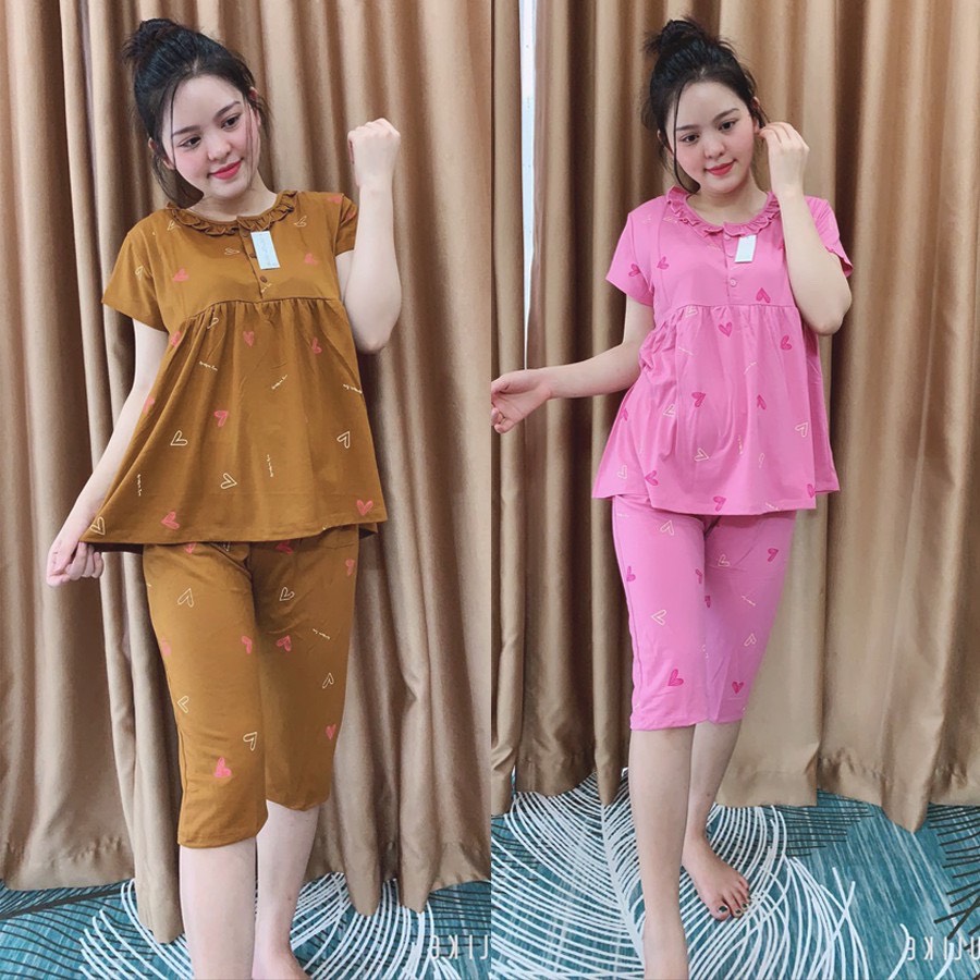 Bộ đồ bầu lửng tim cổ bèo dễ thương mặc bầu và sau sinh siêu đẹp
