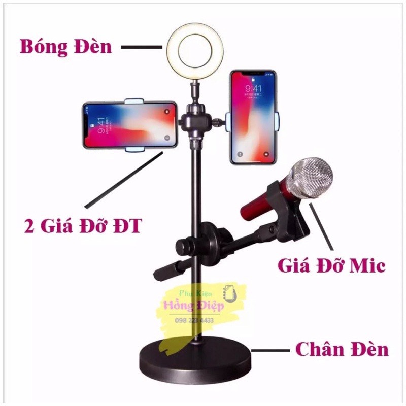 Đèn Live Stream 4 in 1 Để Bàn Có Chân Đỡ Micro LivesTream Hai Điện Thoại - Bộ Giá Đỡ