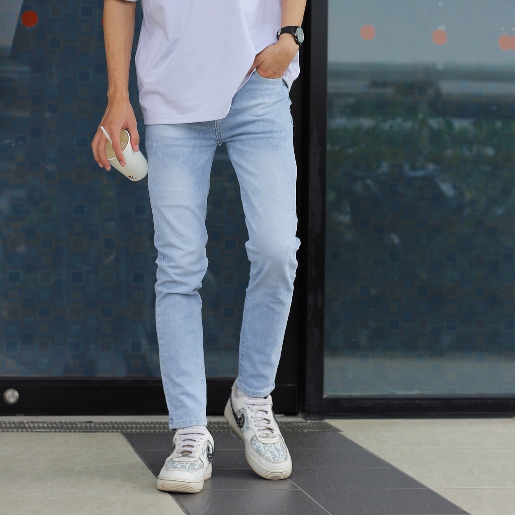 Quần jean nam xước nhẹ màu xanh ghi nhạt co giãn 4 chiều cao cấp chất bò denim dáng ôm slimfit skinny 5678 Pon.mens