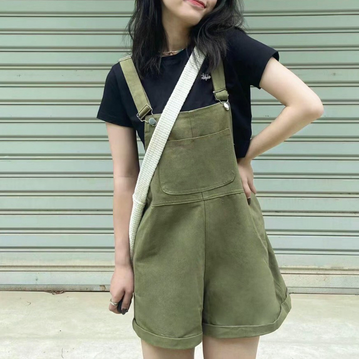 Quần yếm jean kaki ống rộng phong cách, quần yếm nữ dễ thương_y9