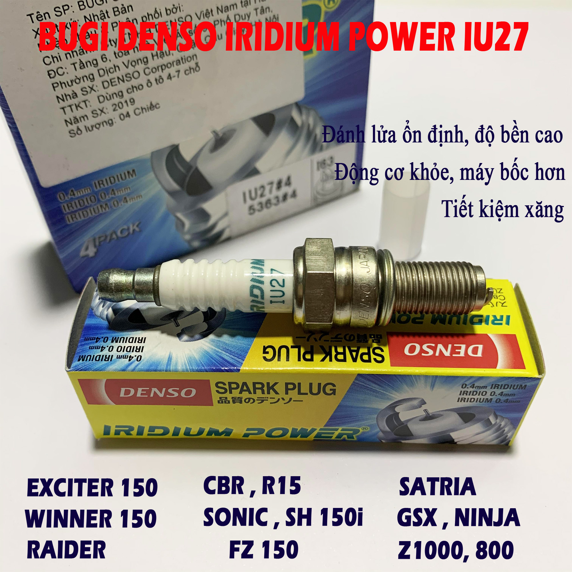 Bugi xe máy Denso Iridium Power IU27 , Bugi IU27 Chân dài dành cho Winner Exciter 150 Raider Satria CBR150 R15 FZ150 Sonic SH 150i GSX Ninja300 Z1000 Z800