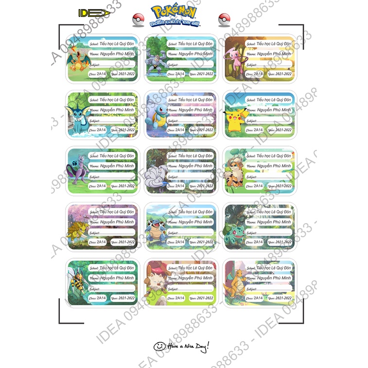 15 Nhãn vở POKEMON in tên riêng