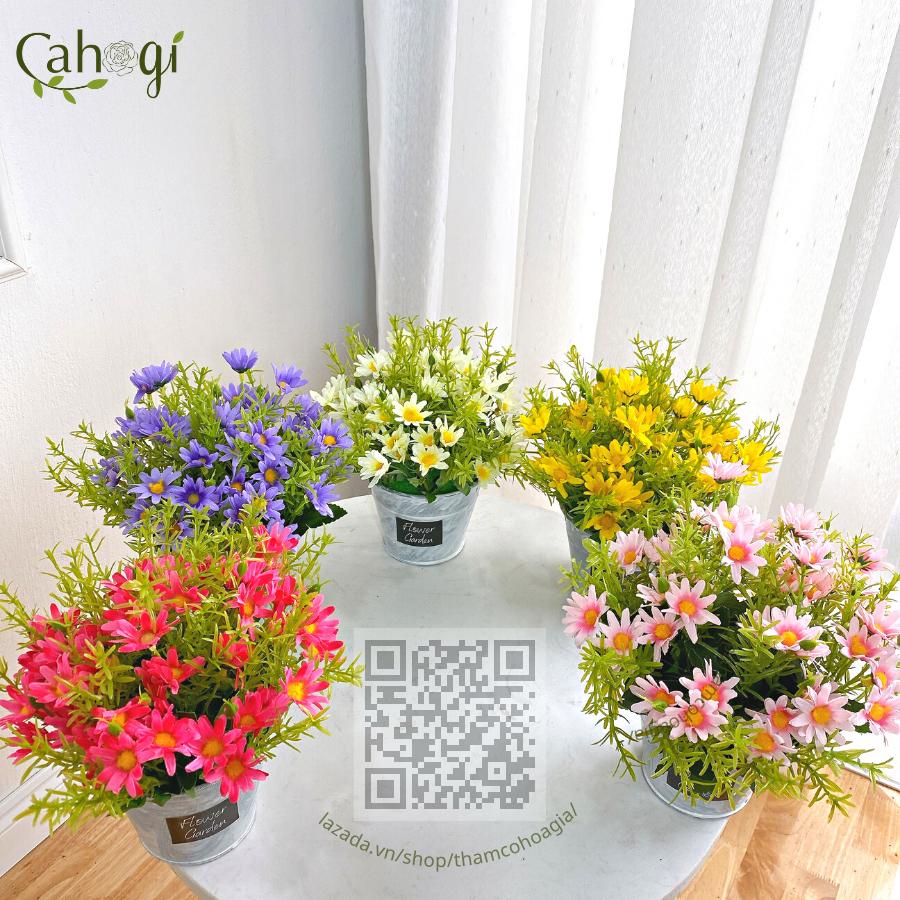 Xô Hoa Giả Hoa Cúc Họa Mi Cắm Sẵn