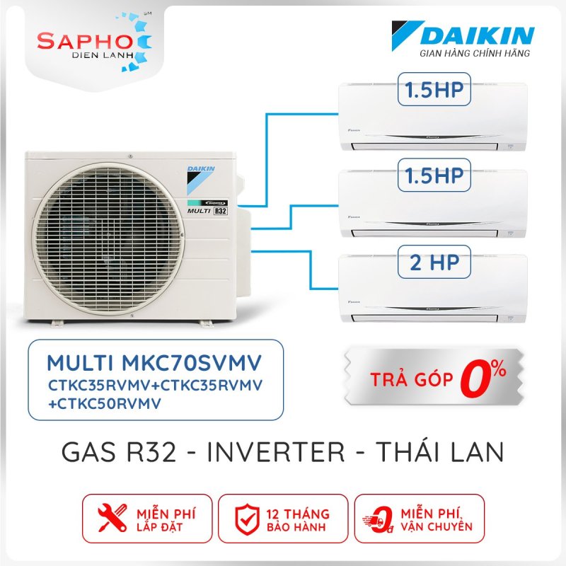 Điều hoà Daikin Multi S Treo Tường Inverter 1 Cục Nóng 3 Dàn Lạnh Combo MKC70SVMV /1.5HP +1.5HP +2.0HP Gas R32 – Chính Hãng Daikin Thái Lan Sản Xuất 2021