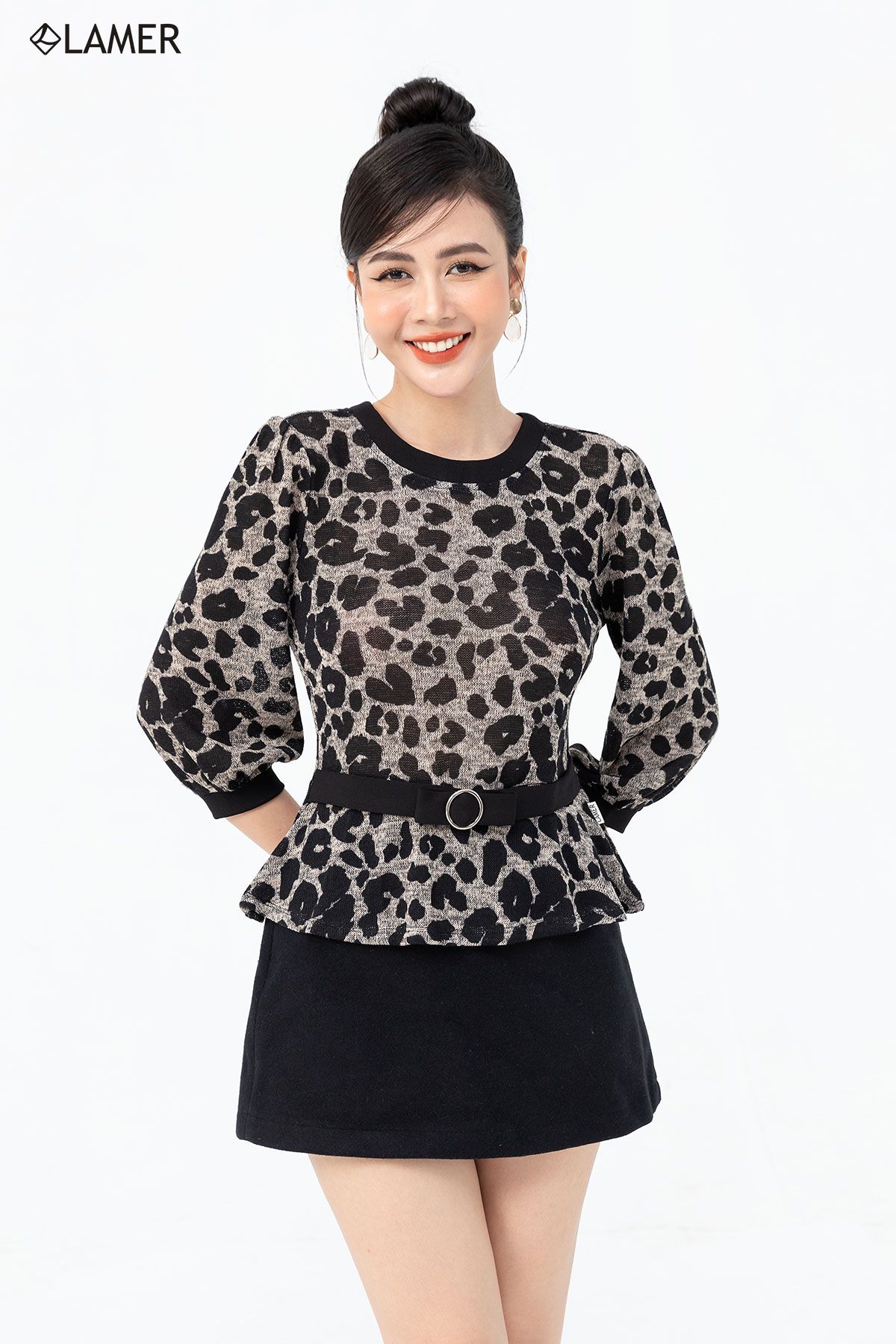 Áo len nữ peplum lamer nơ eo da beo l61w21t026