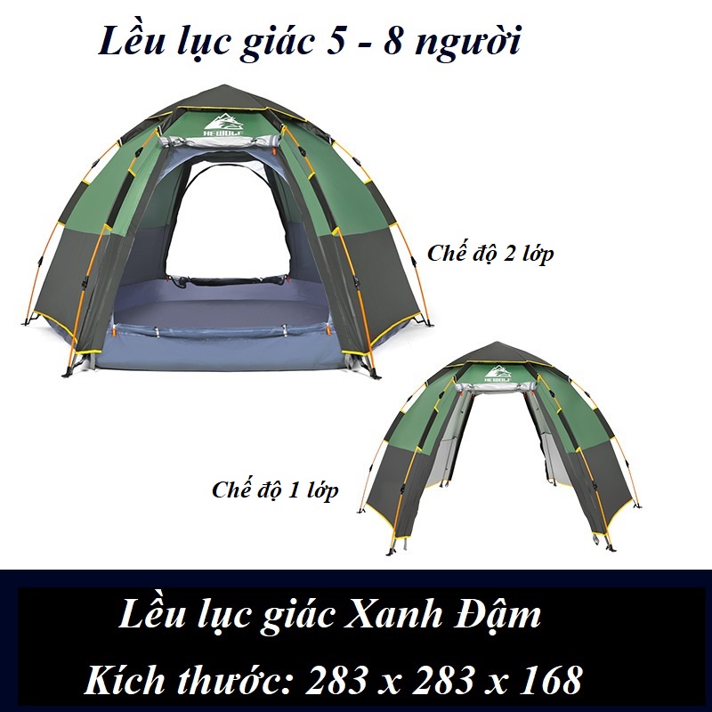 Lều cắm trại tự động, tự bung chống nước, kháng gió du lịch dã ngoại hình lục giác 5-8 người
