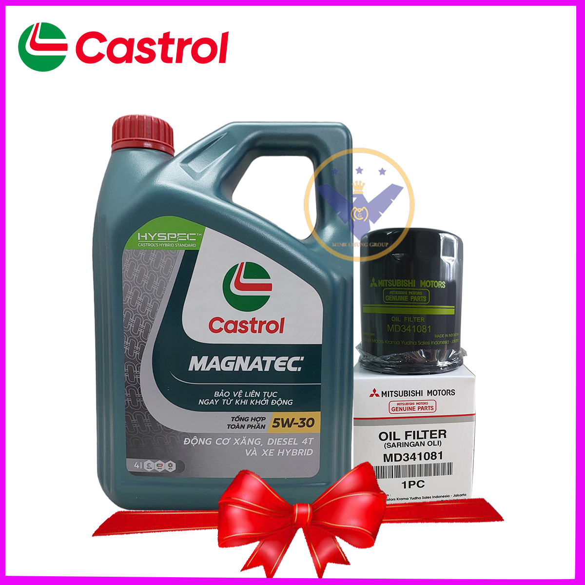 Dầu nhớt ô tô tổng hợp toàn phần castrol magnatec 5w-30 api sp/cf can 4l+ lọc nhớt hãng mitsubishi-md341081