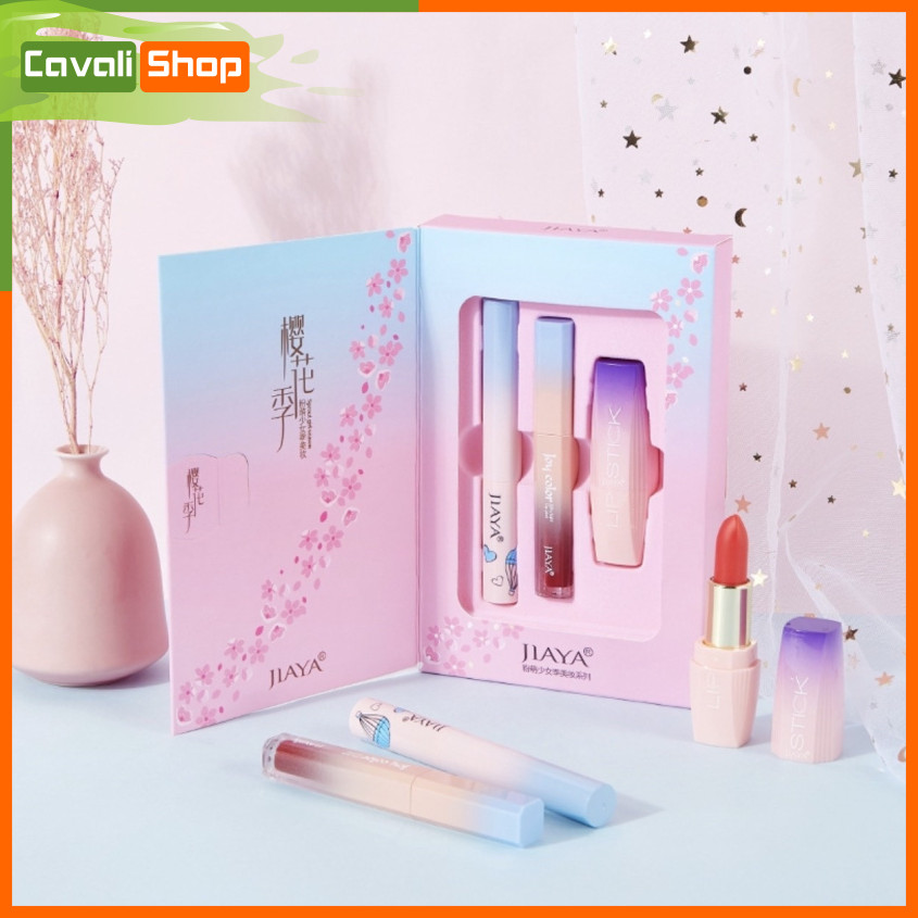 [Tặng Kèm Dưỡng Da Tay 30Ml] Set Trang Điềm Jiaya Hoa Anh Đào - Cavali - Set 3 Món Gồm Son Kem + Son Lì + Mascara