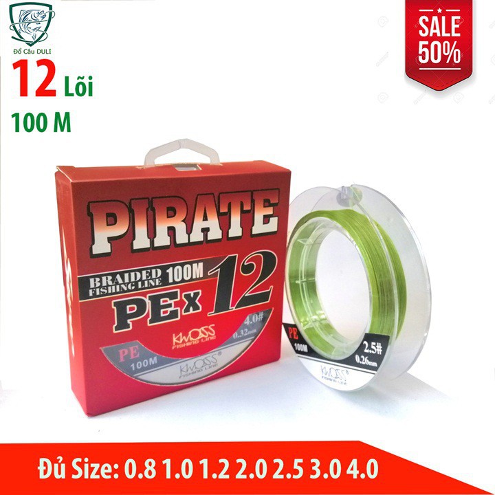 Dây dù câu cá PE X12 PIRATE (12 lõi) 100m Siêu bền Siêu mịn Siêu tải màu xanh lá 2 tầng chống thấm DC-6  (xả hàng giảm g