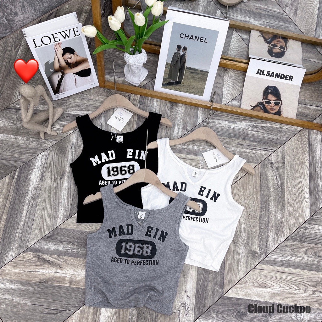 Áo ba lỗ V cổ croptop in chữ số 1968 cực xinh , chất thun gân mềm mịn