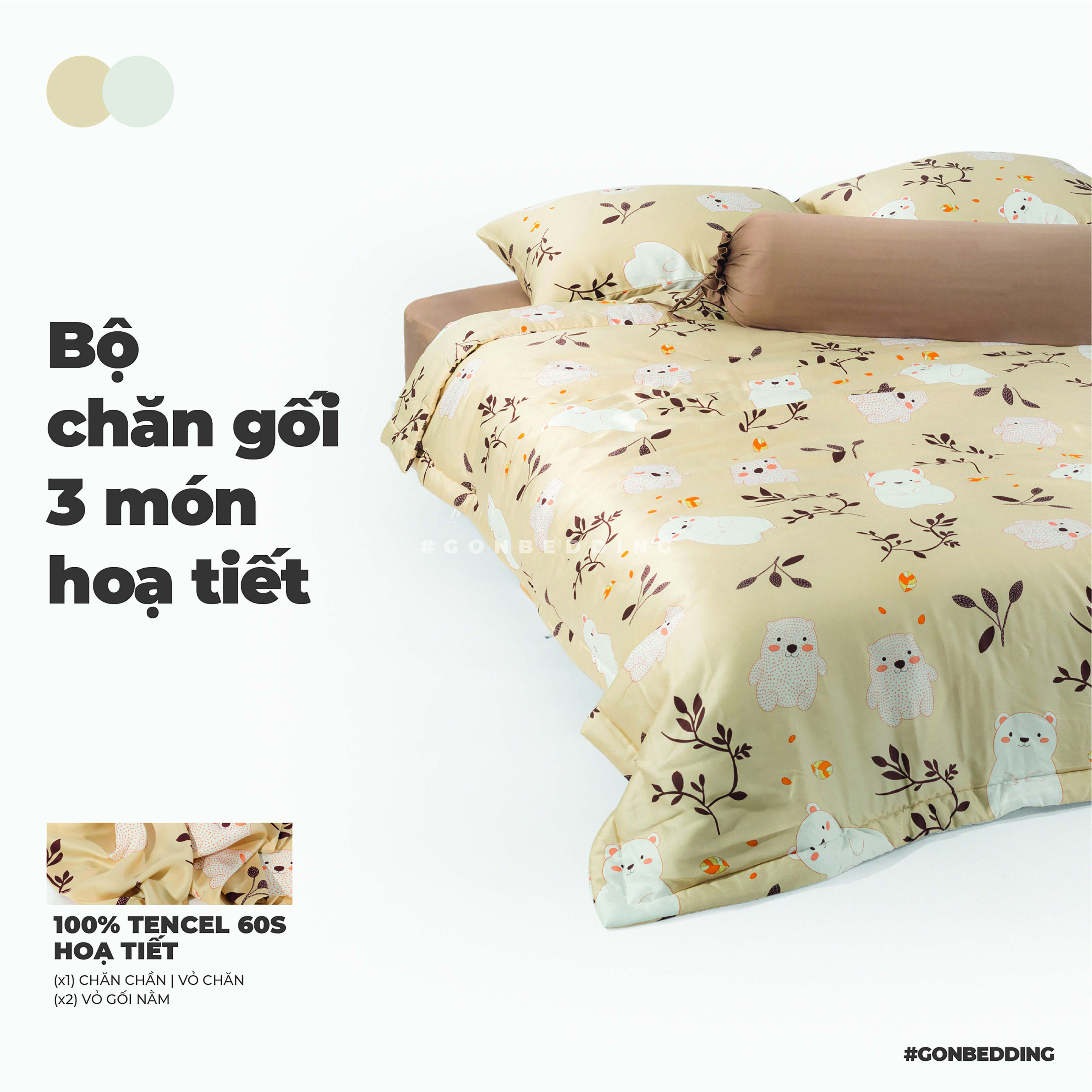 Bộ Chăn Gối 3 Món Gòn Bedding Lụa Tencel 60s - Lụa Modal cao cấp Hoạ tiết (gồm 1 Chăn chần và 2 Vỏ gối nằm)