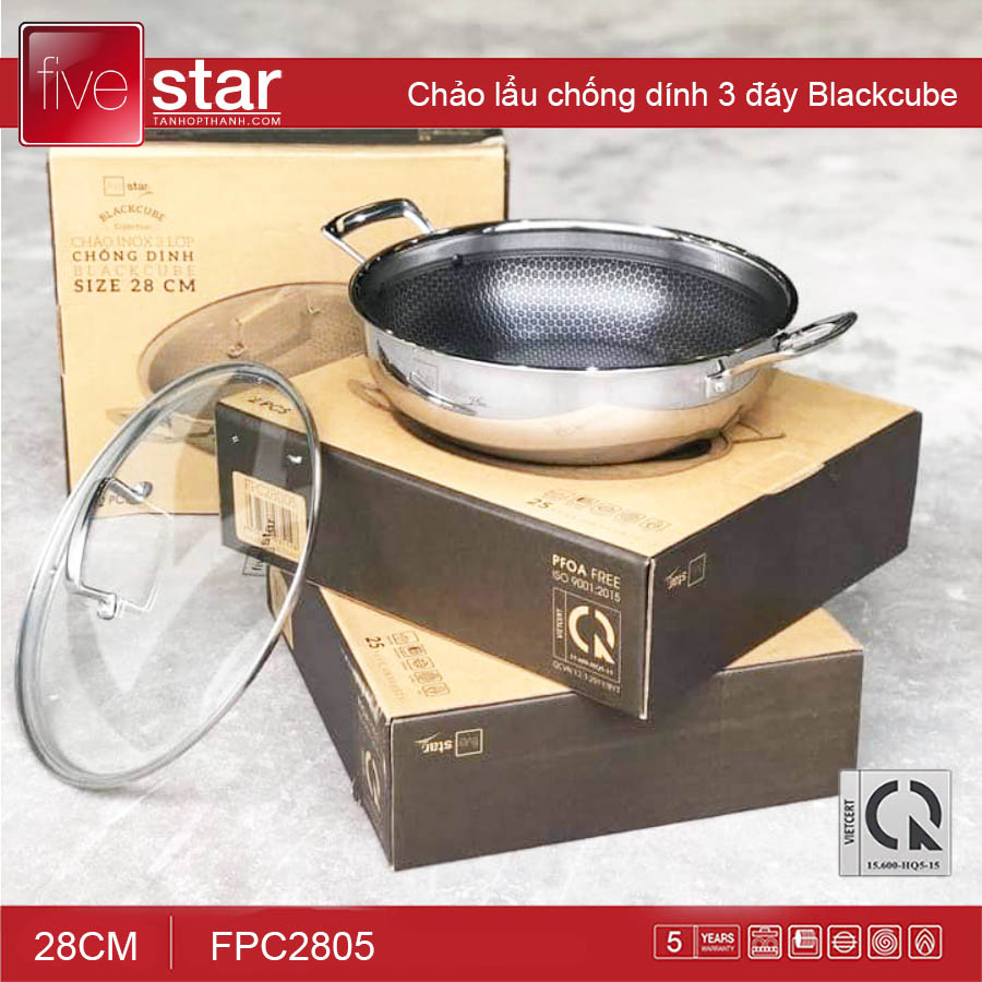Chảo lẩu 2 quai Inox 304 sâu lòng đáy đúc liền 3 lớp Fivestar Blackcube đường kính 24/26/28cm - Hàng chính hãng,bảo hành 5 năm