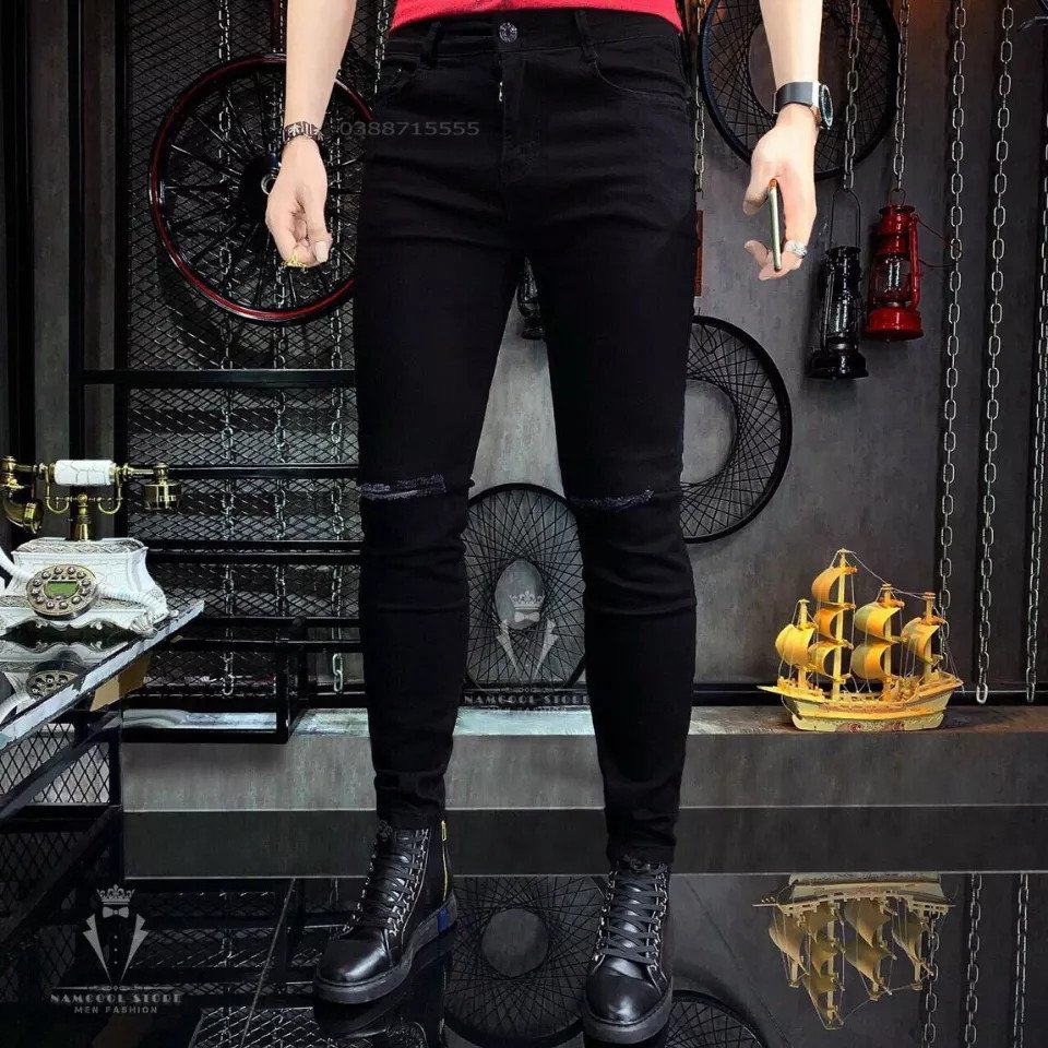 Quần Jean Nam Màu Xanh Ống Suông - Quần Bò Nam Phong Cách Hàn Quốc Ms377( ảnh thật shop tự chụp bên phải)