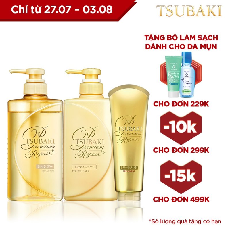 Bộ ba dầu gội - dầu xả - kem xả phục hồi ngăn rụng tóc Tsubaki Premium Repair giá rẻ