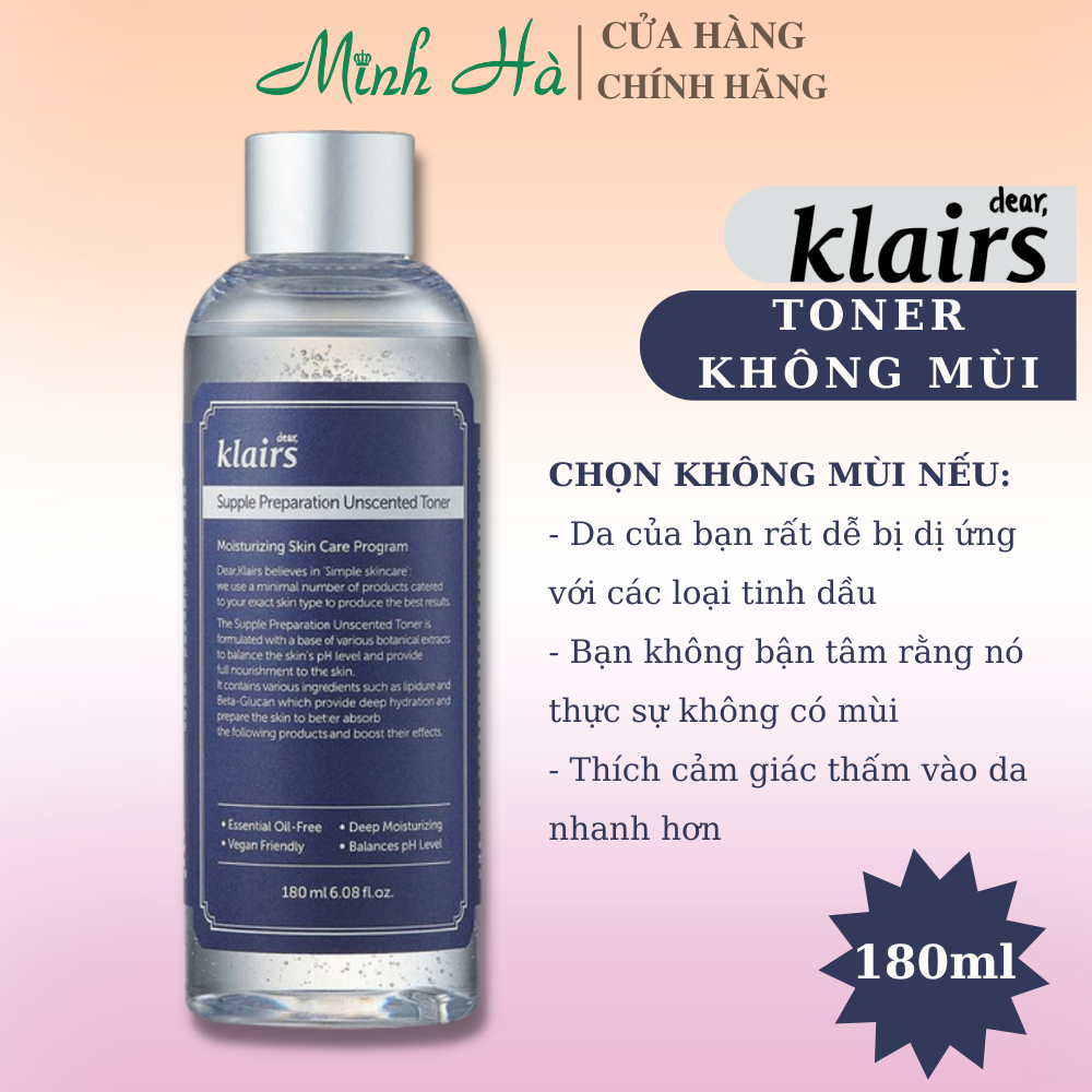 Nước hoa hồng không mùi Klairs Supple Preparation Unscented Toner 180ml