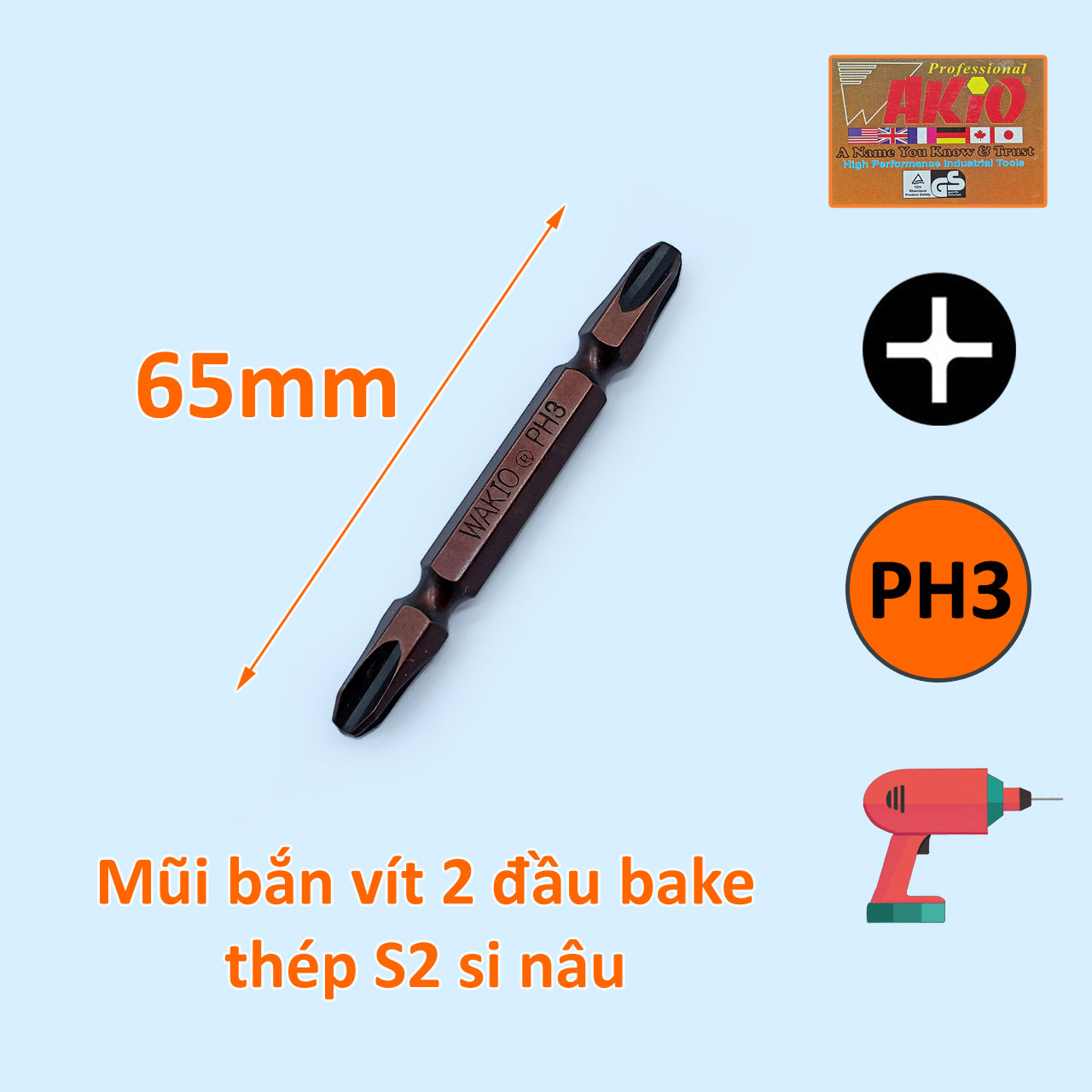 Mũi bắt vít 2 đầu ph3 wakio dài 65mm