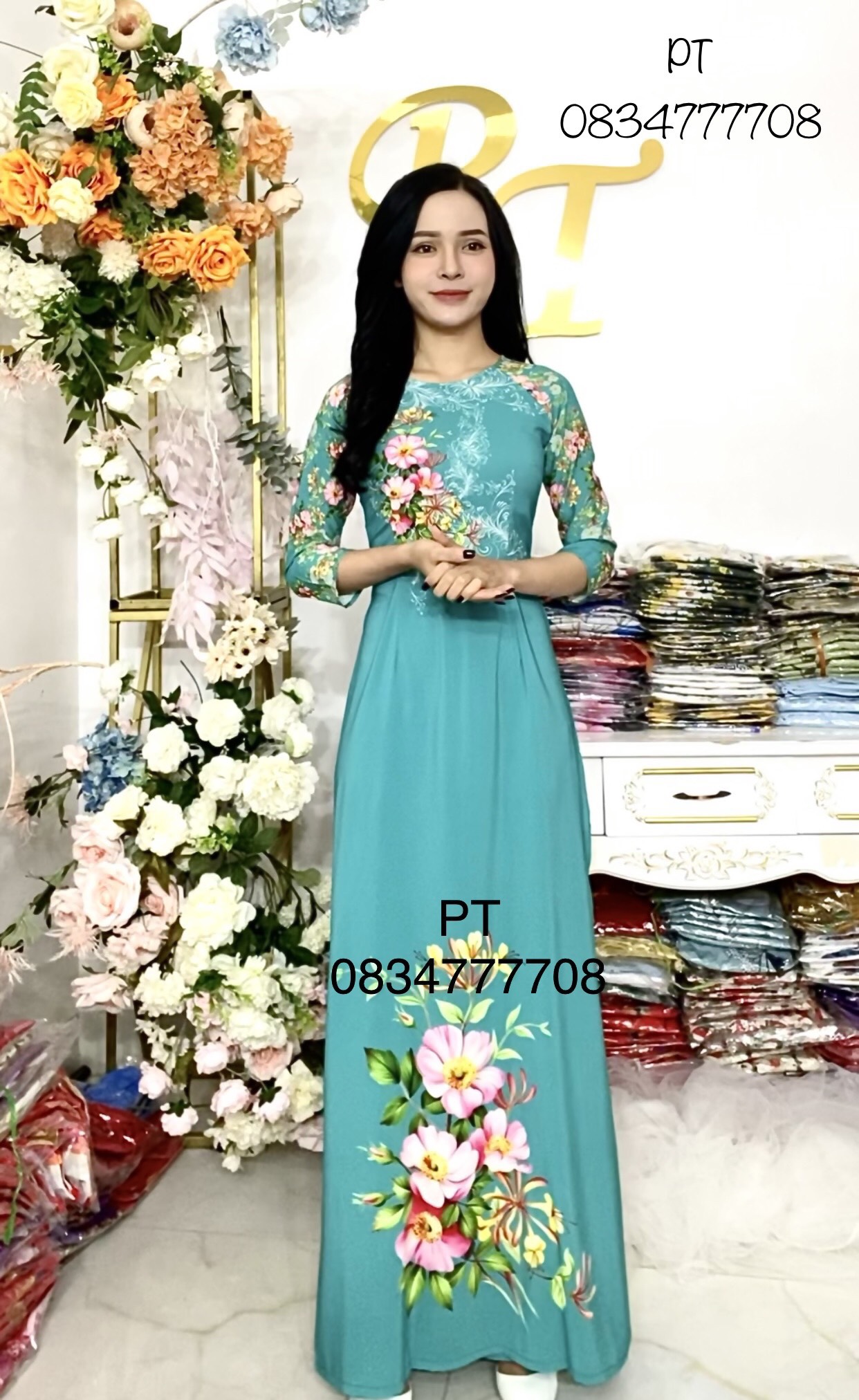Áo Dài  In Hoa 3D Lụa Nhật Siêu Đẹp [Không Kèm Quần]