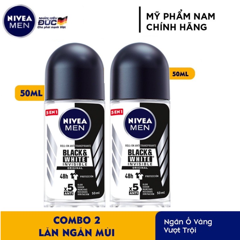 Bộ 2 Lăn Ngăn Mùi NIVEA MEN Black & White 5in1 Ngăn Vệt Ố Vàng Hương Nguyên Bản (50 ml)