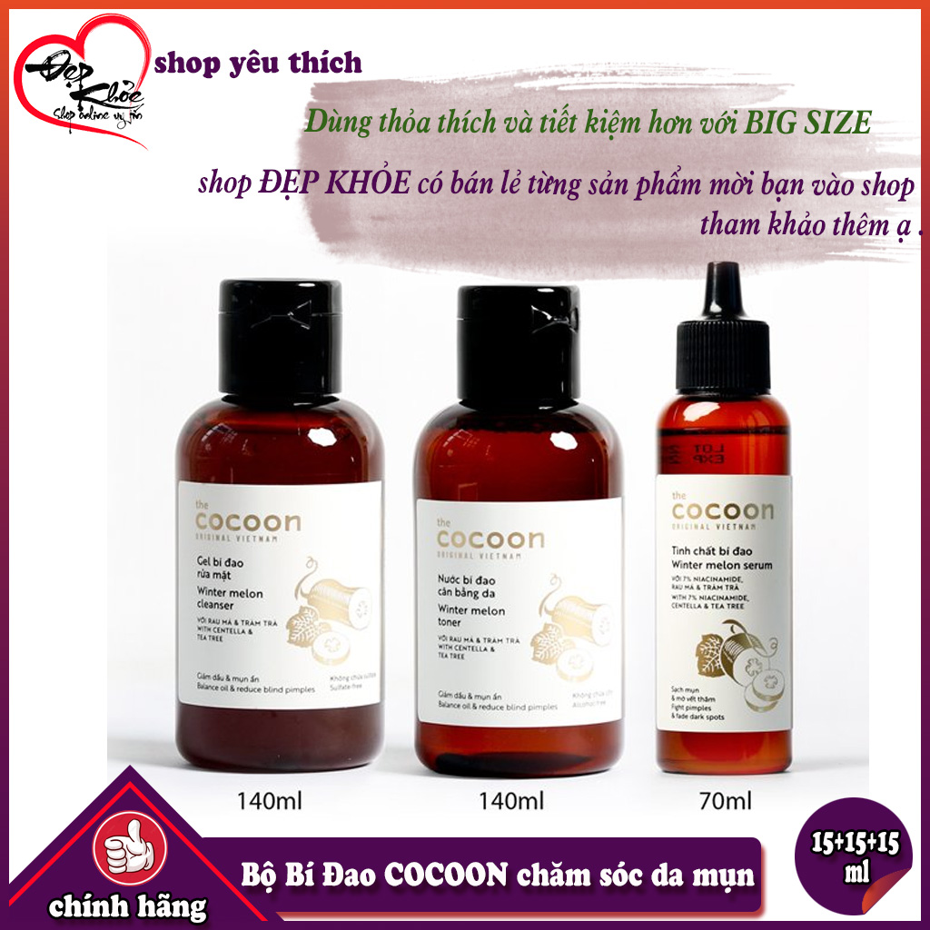 Bí Đao Bộ Chăm Sóc Da Mụn COCOON ( Gel Rửa Mặt 15ml + Toner 15ml + Serum 15ml )