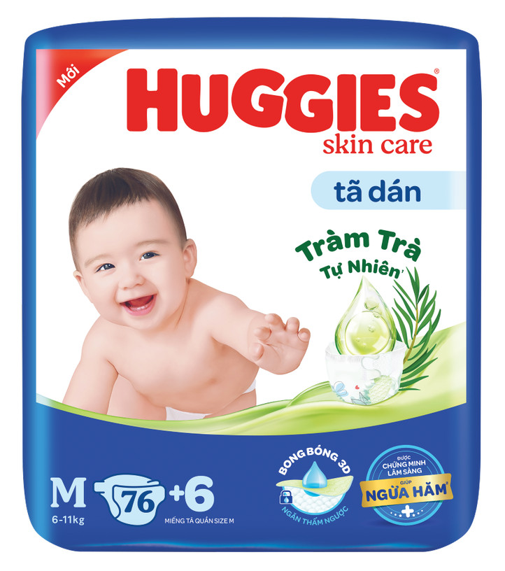 FREESHIP [Tặng 1 gói khăn ướt Huggies] Tã dán Huggies Skin Care Tràm Trà size M76 cộng 6 miếng
