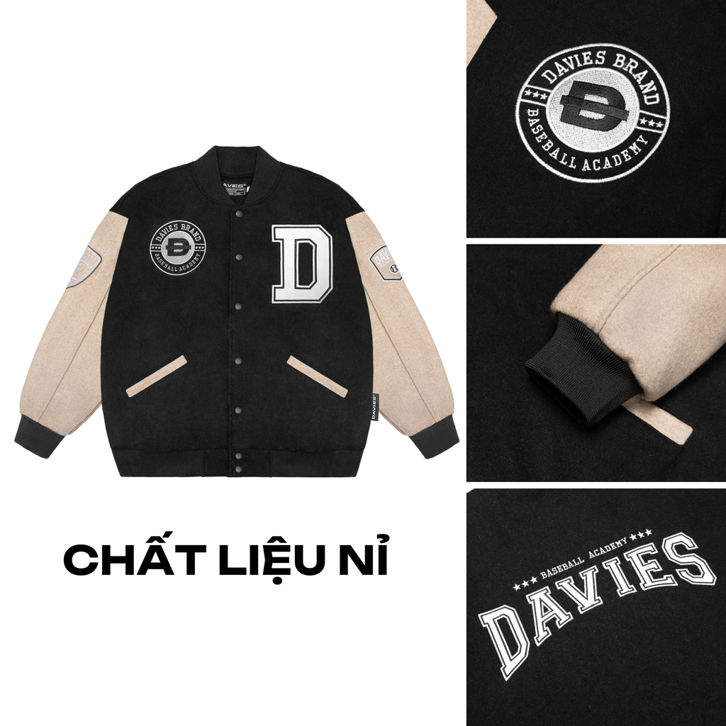 Bomber jacket bóng chày DAVIES nỉ, kaki đen phối tay be form rộng 2 lớp thêu logo phong cách đường phố