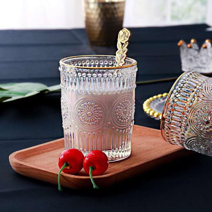 Cốc thủy tinh viền vàng vân họa tiết mặt trời Min'House 90 C01, ly thủy tinh cao cấp