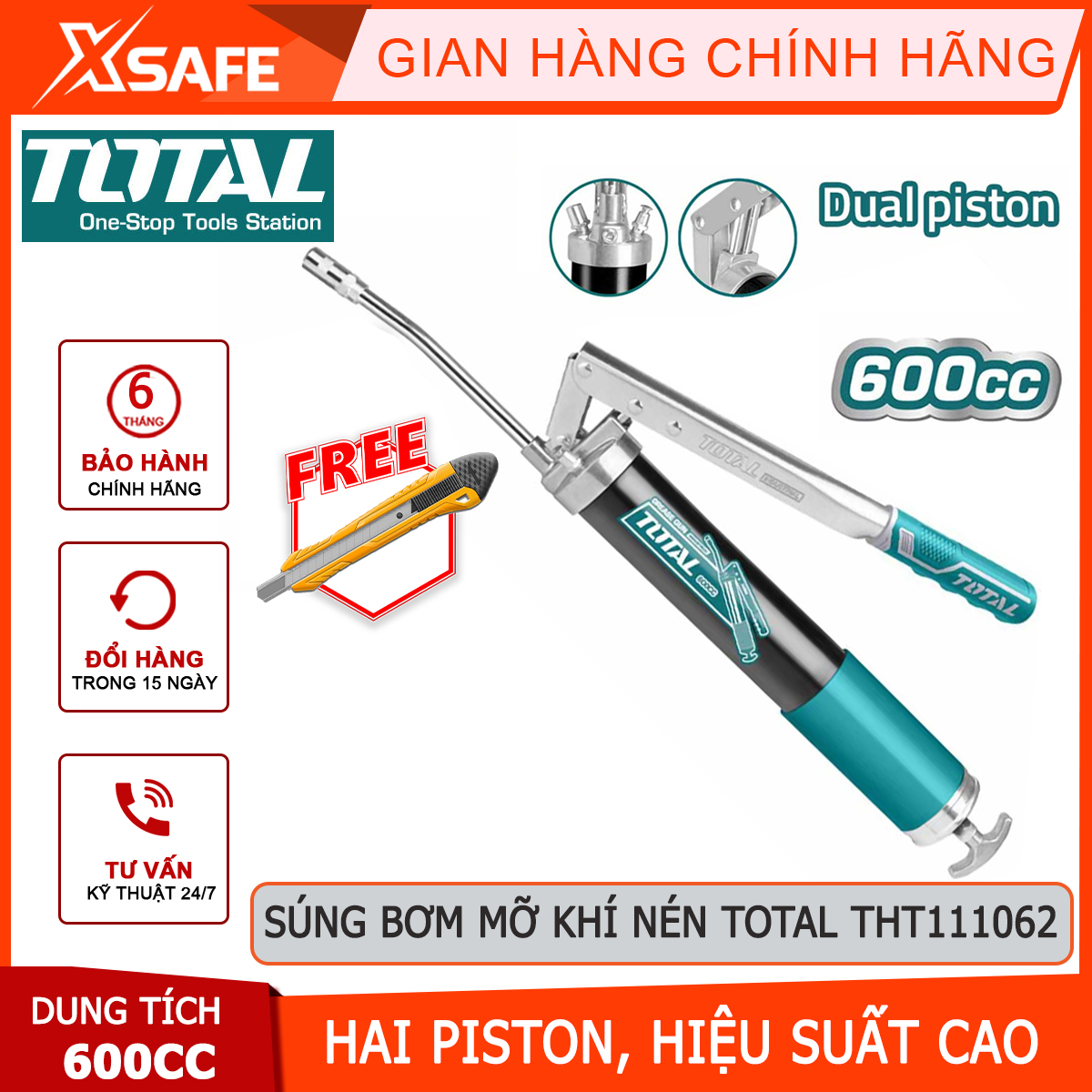 Dụng cụ bơm mỡ khí nén TOTAL THT111062 | Súng bơm mỡ dung tích 600CC / 21 Oz lượng cung cấp tối thiểu 3oz / 40 lần áp suất nổ 6000psi bôi trơn, phun mỡ động cơ, linh kiện máy móc
