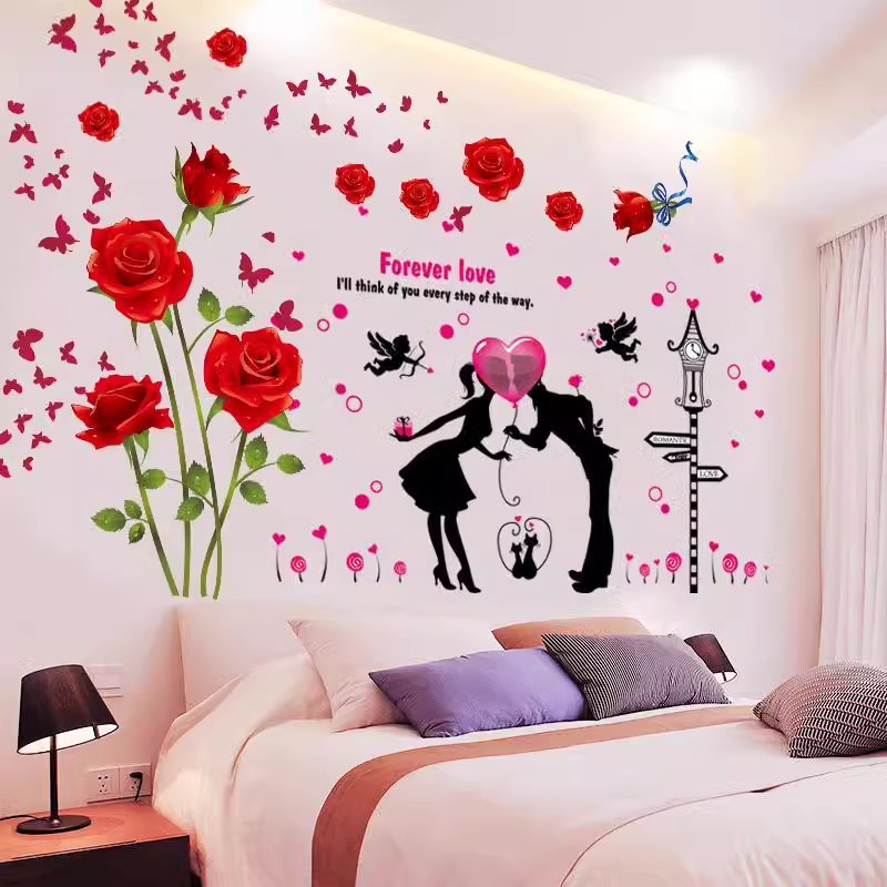 DECAL DÁN TƯỜNG HOA HỒNG NHUNG ĐỎ VÀ CẶP ĐÔI BÓNG BAY