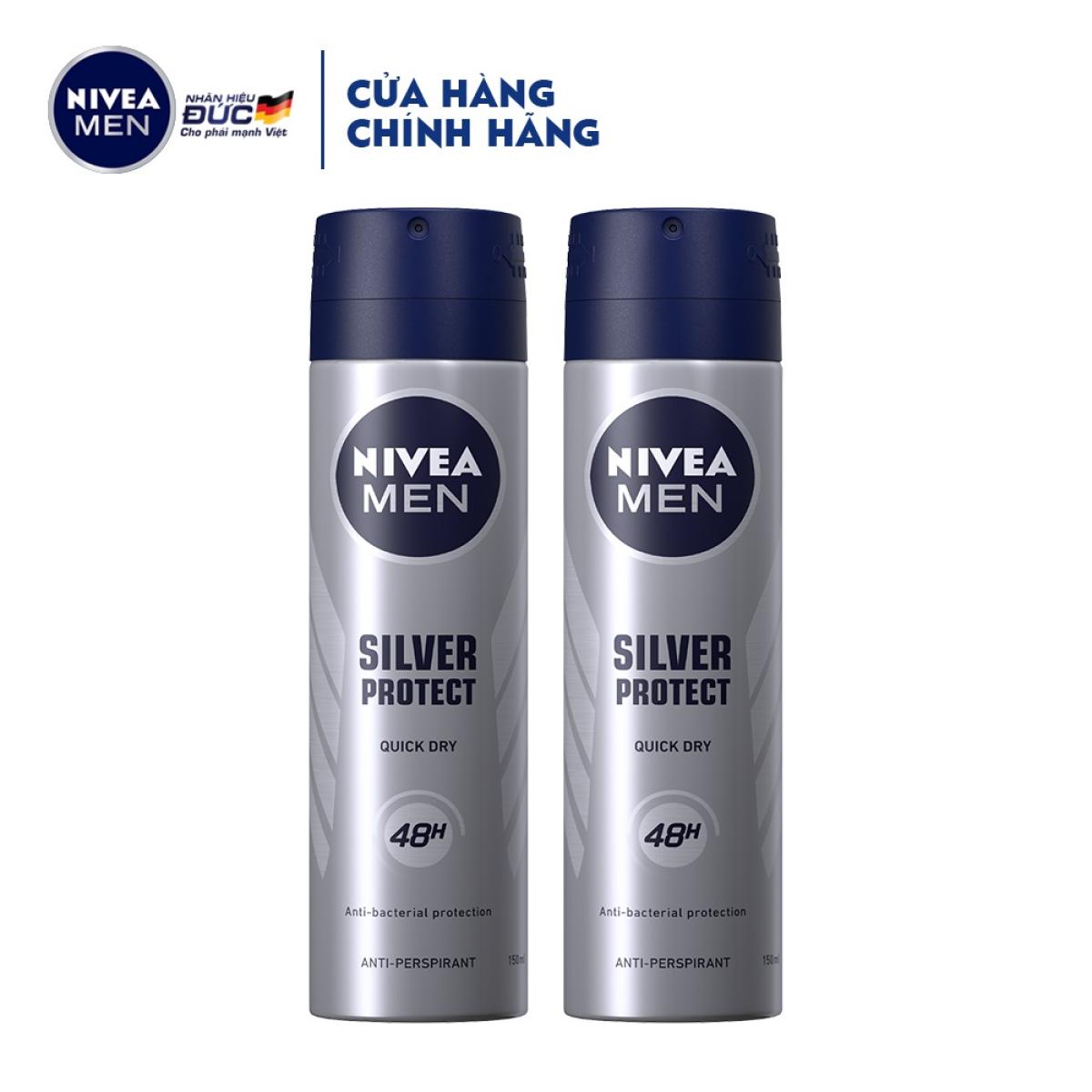 [HCM]Bộ đôi Xịt Ngăn Mùi Ngăn Khuẩn Gây Mùi Vượt Trội Dành Cho Nam Nivea Men Silver Protect  150ml