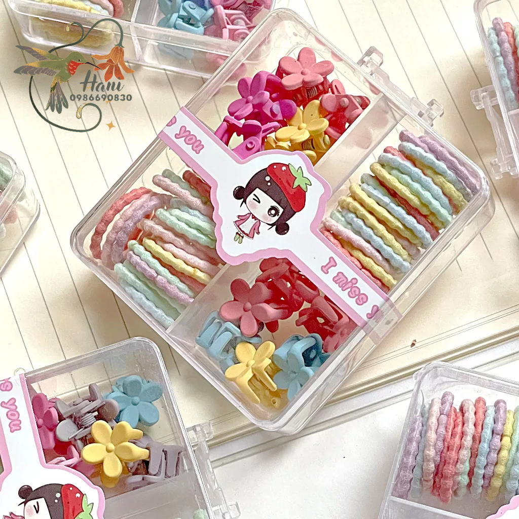 Set Hộp 40 Dây Cột và 12 Kẹp Tóc Cho Bé