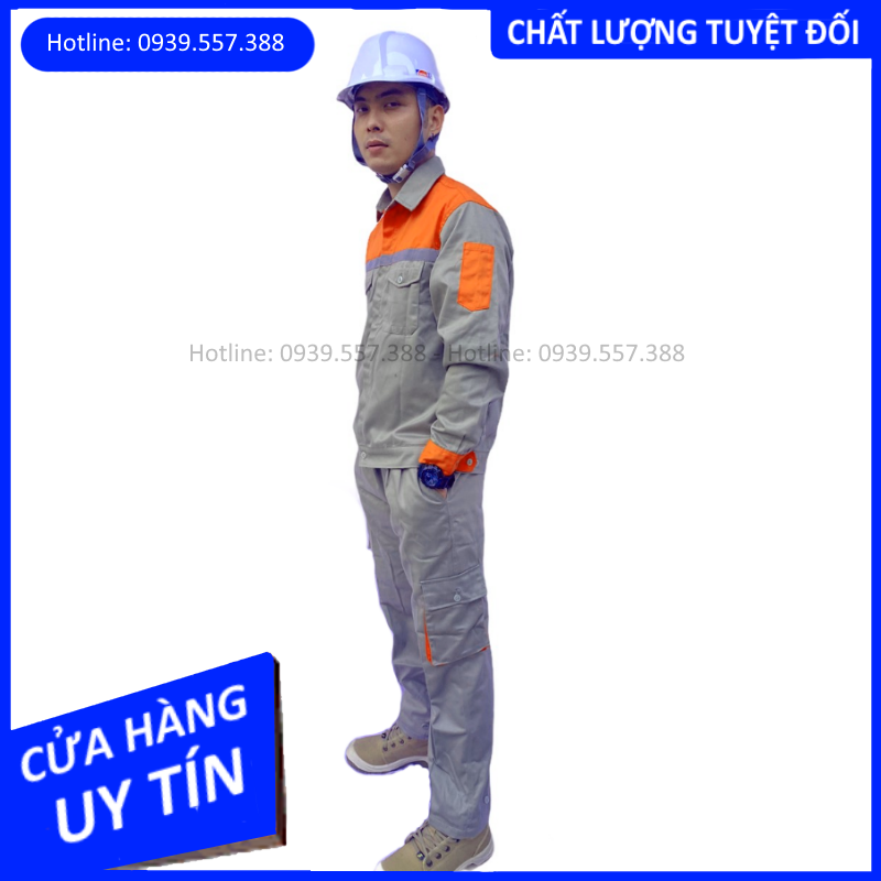 BỘ QUẦN ÁO BẢO HỘ LAO ĐỘNG , ĐỒNG PHỤC , TRANG PHỤ BẢO HỘ MÀU GHI PHỐI CAM