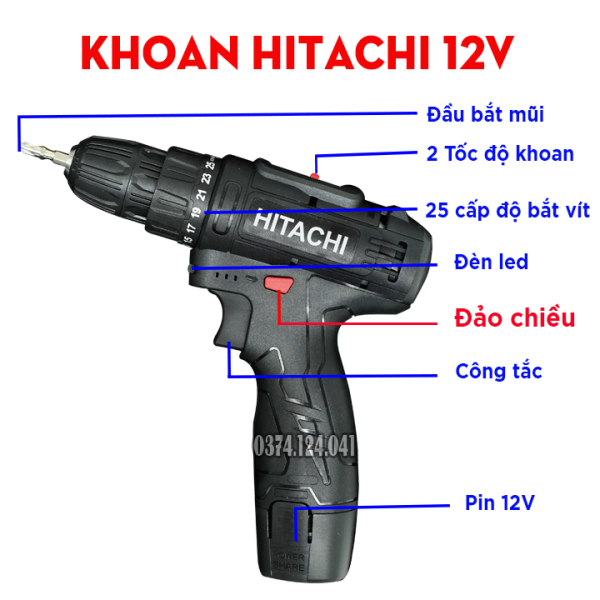 Máy bắt vít pin cầm tay Hitachi 12v 3 chức năng khoan gỗ, khoan sắt, bắt vít -   2 nấc tốc độ 18 cấp độ trượt có đèn - bảo hành 6 tháng