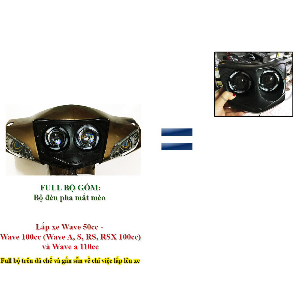 Đèn pha mắt cú mèo xe wave a 50,100,110cc wave s 100cc, rs 100cc, rsx 100cc
