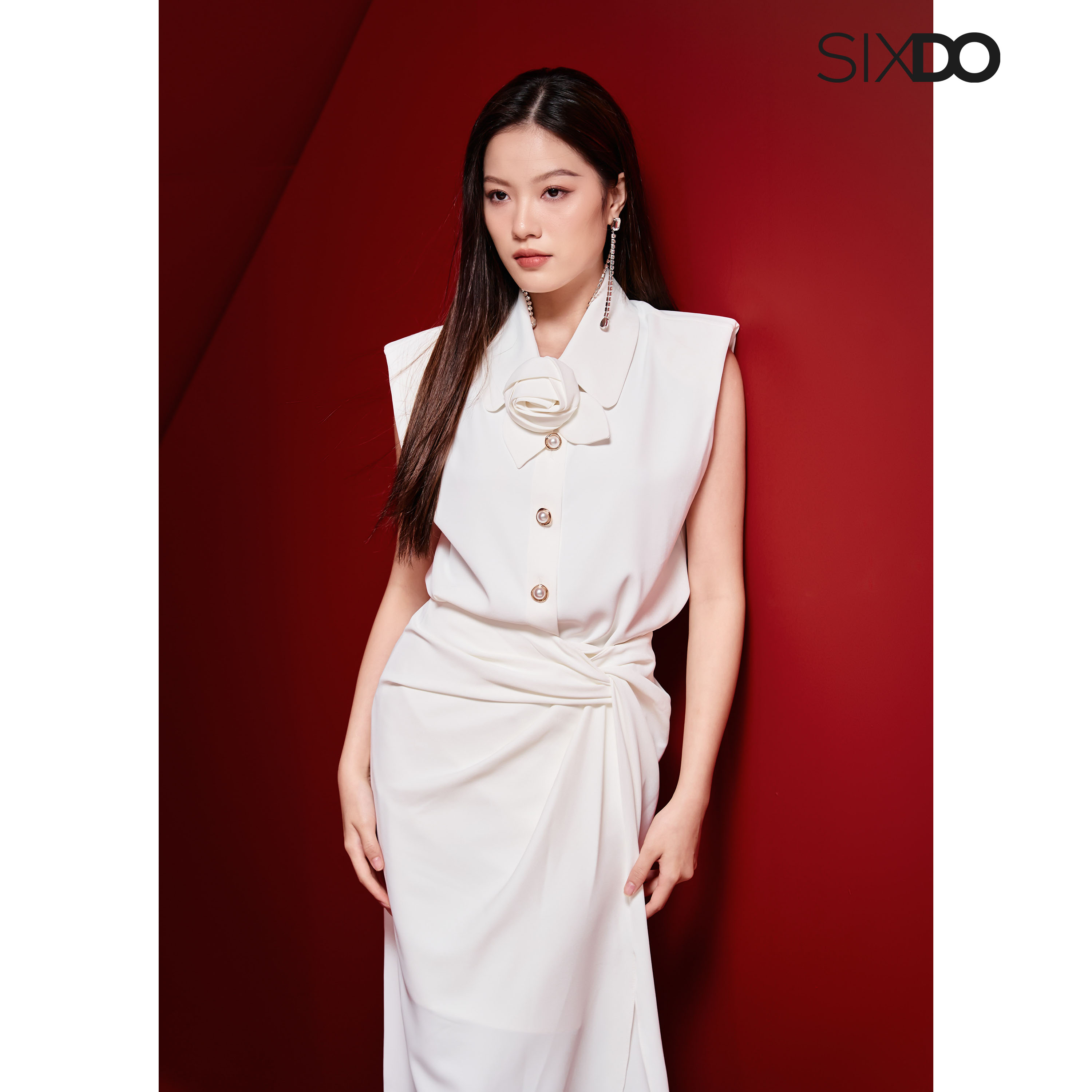 Chân váy lụa trắng xẻ vạt SIXDO (White Split-side Midi Silk Skirt)