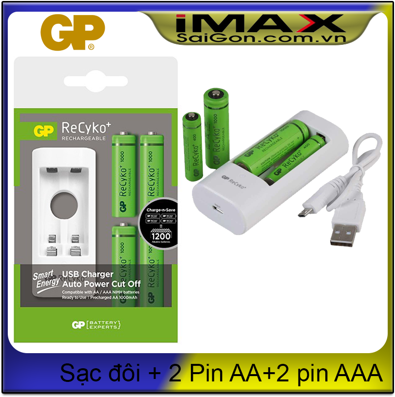 Bộ 2 pin aa, 2 pin aaa và sạc đôi gp recyko