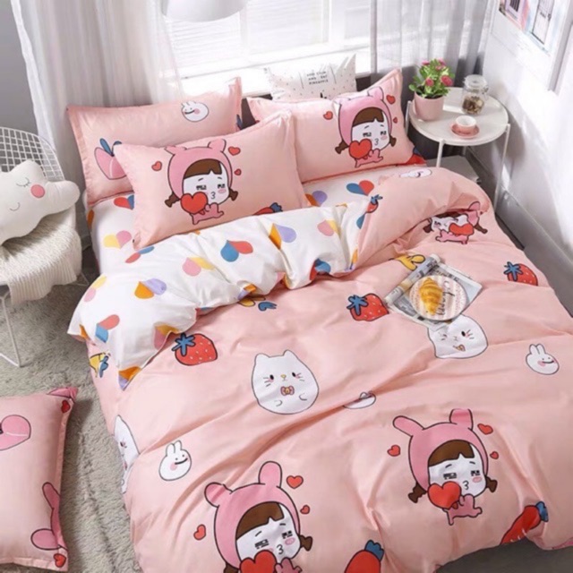 Bộ chăn ga gối cotton poly em bé cà rốt hồng