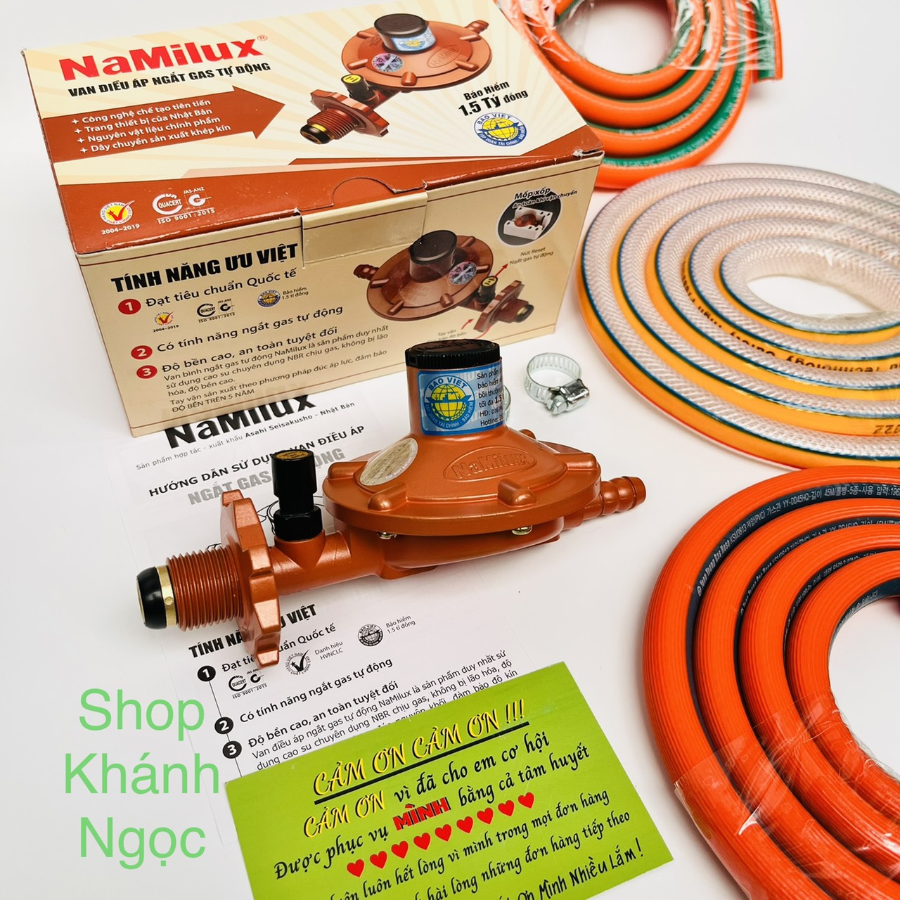 Van gas tự động NAMILUX +DÂY dẫn gas đai siết- Tự động ngắt gas, Lắp cho Tất cả các bình gas, Trừ bình đỏ,Xanh van chụp