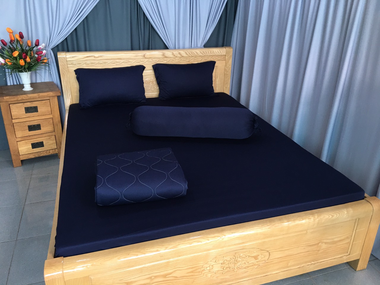 Trọn Bộ Chăn Ga Gối Thun Lạnh Hàn Quốc Lan Phạm Bedding-Xanh Đen