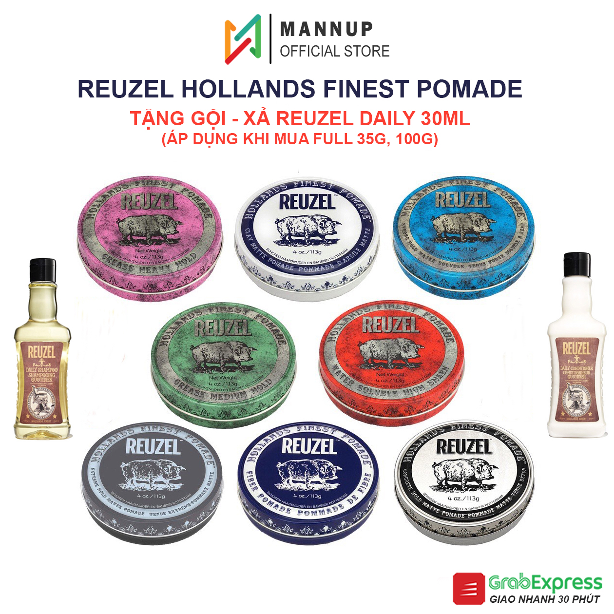 Sáp Vuốt Tóc Reuzel Pomade (Blue, Pink, Extreme Hold, Concrete) 35g - 113g