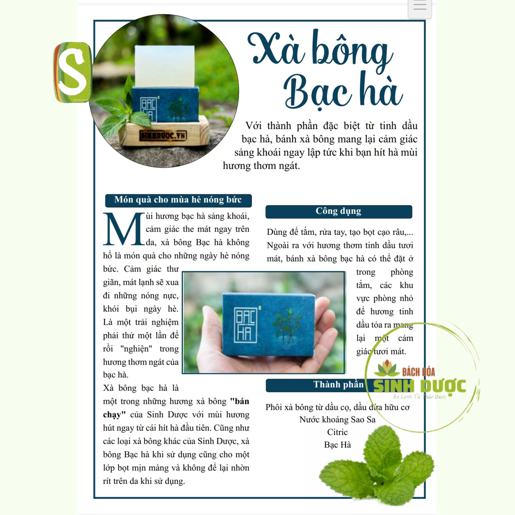 Xà bông Bạc Hà HTX Sinh Dược - MÁT DA, SẠCH THƠM BẠC HÀ