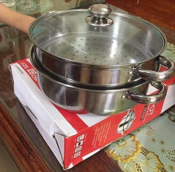 Nồi hấp inox 2 tầng size 28 cm nắp kính