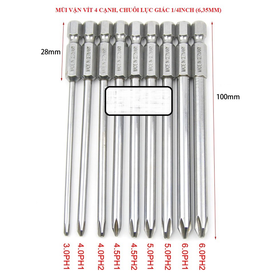 Sv bộ mũi tô vít 4 cạnh chuôi lục giác dài 5cm, 10cm, 15cm và 20cm