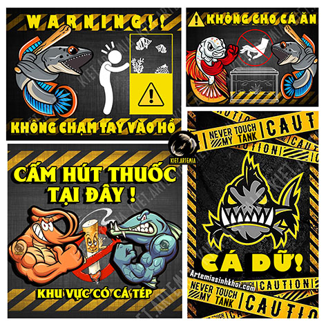Decal cảnh báo dán hồ cá vui nhộn, trang trí bể cá