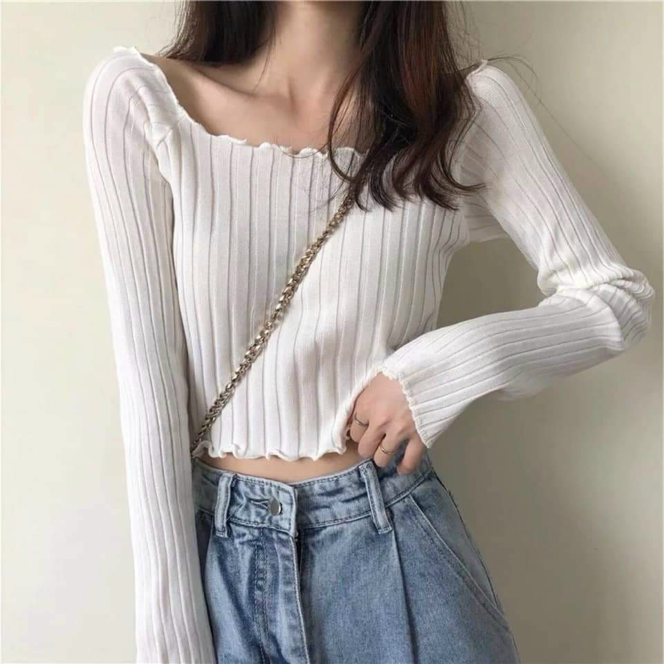 Áo gân trễ vai tay dài viền sóng cổ tay điệu đà TTSLA0323